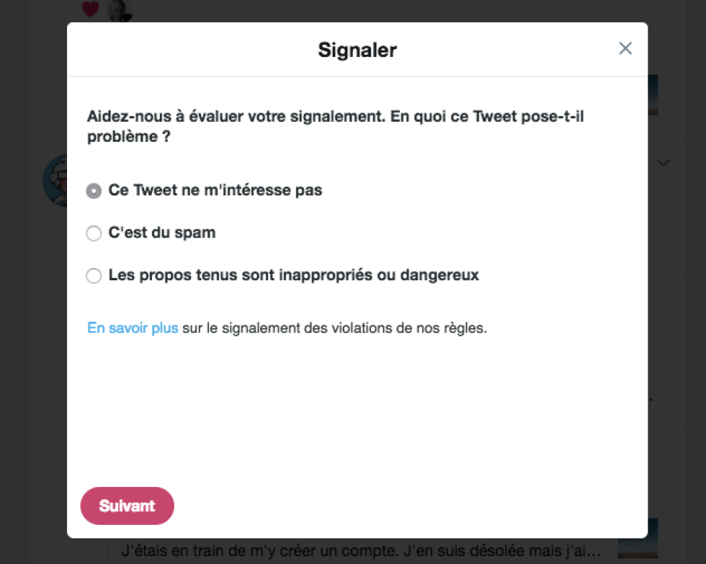 Signaler un tweet Un formulaire pour signaler un tweet inapproprié