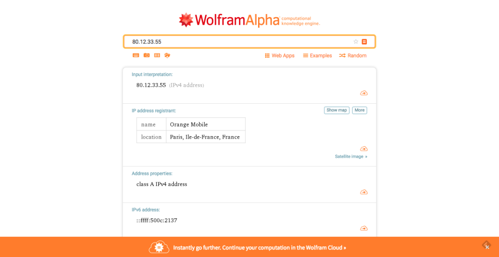 Capture d'écran de Wolfram Alpha Un outil pour localiser une adresse IP