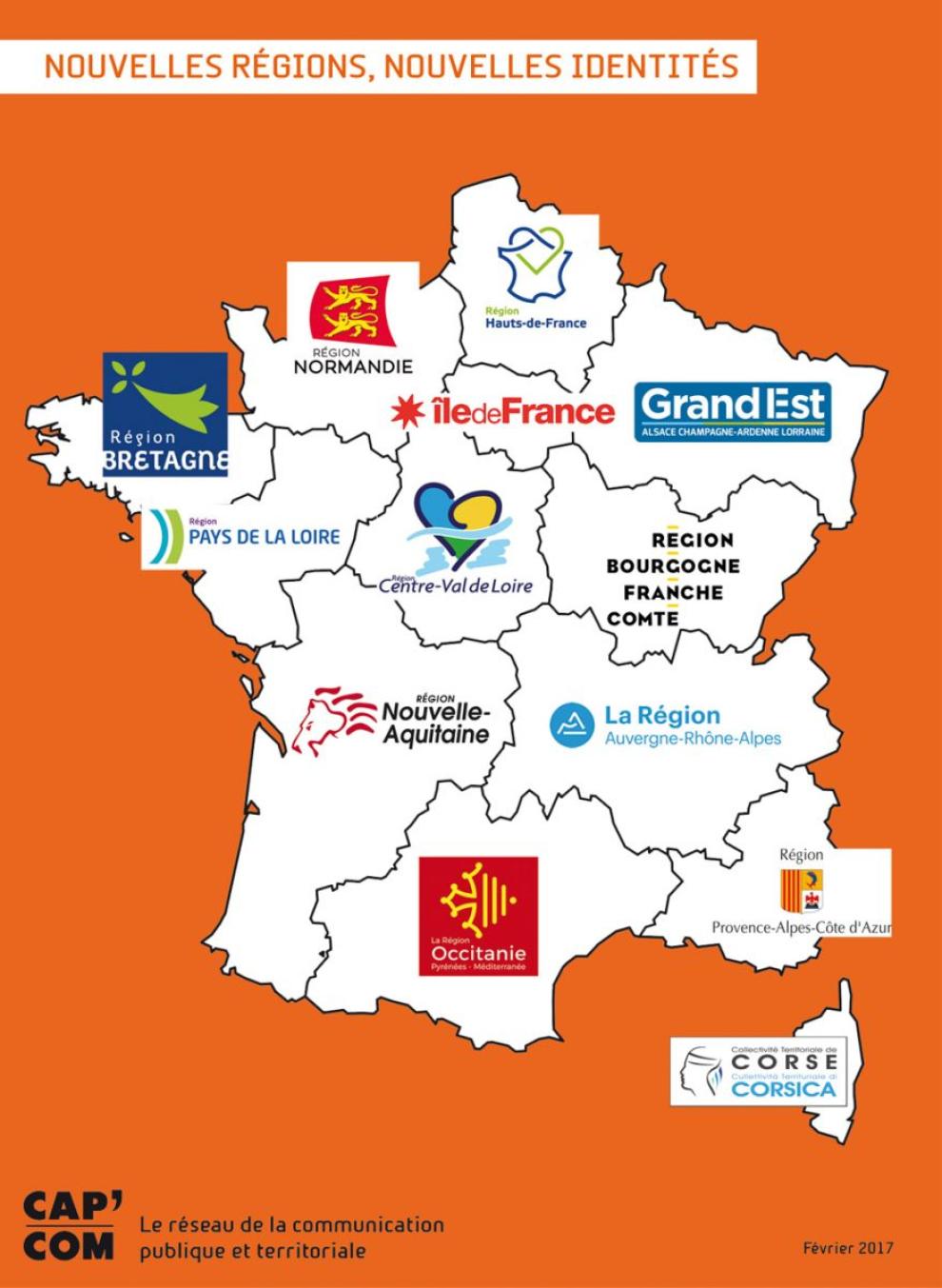 Carte des nouvelles régions françaises et leurs identités visuelles.