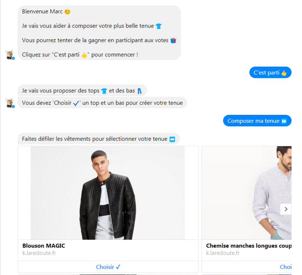 Illustration d'une conversation avec le bot Alphonse by La Redoute qui propose une sélection de tenues en fonction de choix.