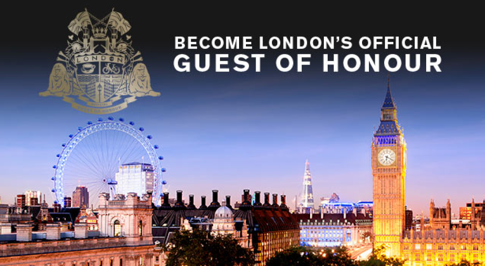 Vue aérienne et nocturne de Londres avec Big Ben et le London Eye et le texte Become London's official guest of honour