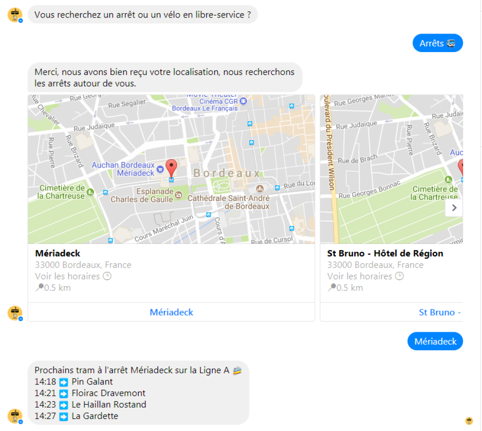 Illustration d'une conversation sur Messenger avec le bot Trambots qui géolocalise et propose des solutions de transports en commun.