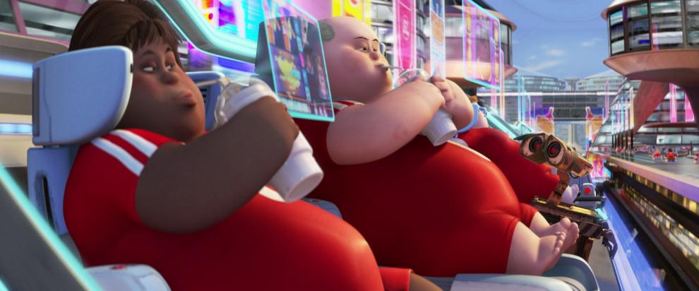 Capture d'écran du film wall-e, humains obèses rivés devant des écrans.
